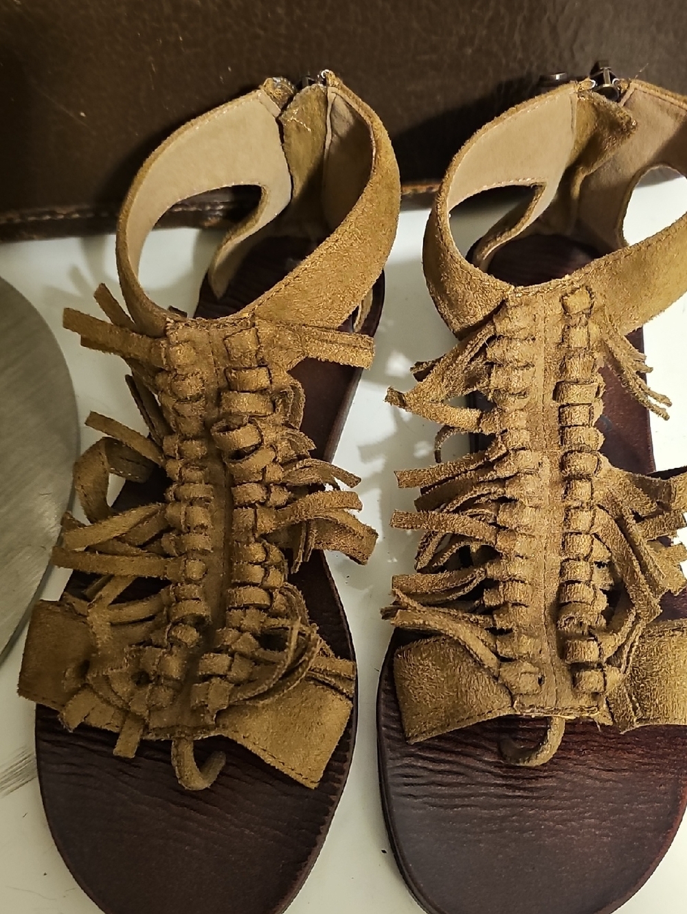 Suede (Faux) Fringe Gladiator Sandals - Tan Size 6